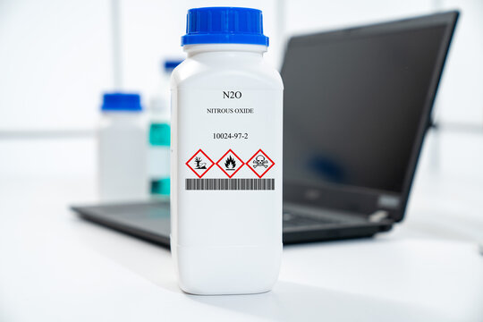 N2O nitrous oxide dinitrogen oxide nitrogen(I) oxide CAS 10024-97-2 chemical substance in white plastic laboratory packaging