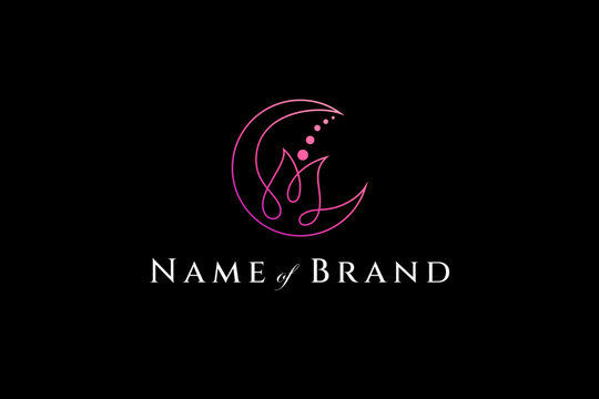 crescent moon logo template with rose flower combination in pink gradient color linear design