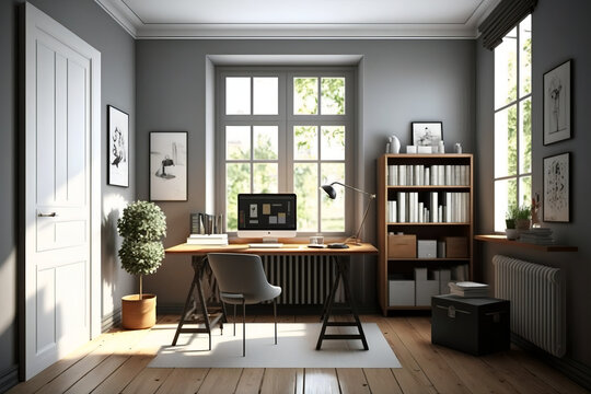 A Warm And Inviting Home Office With Wooden Floors, Gray Walls, And Minimalist Design. A Large Window Provides Natural Light And A View Of The Quiet Street Outside. Generative Ai