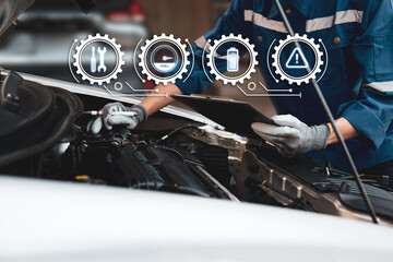 Car care maintenance and servicing, Hand technician auto mechanic using checklist after fix car or repairing change spare part engine problem and insurance service support the range of car check.