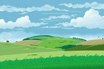  drawing of a landscape. green meadow field, hill, vegetation, and a cloudy blue sky. Farm landscape in the spring and summer. Background of the countryside for organic cultivation. Generative AI