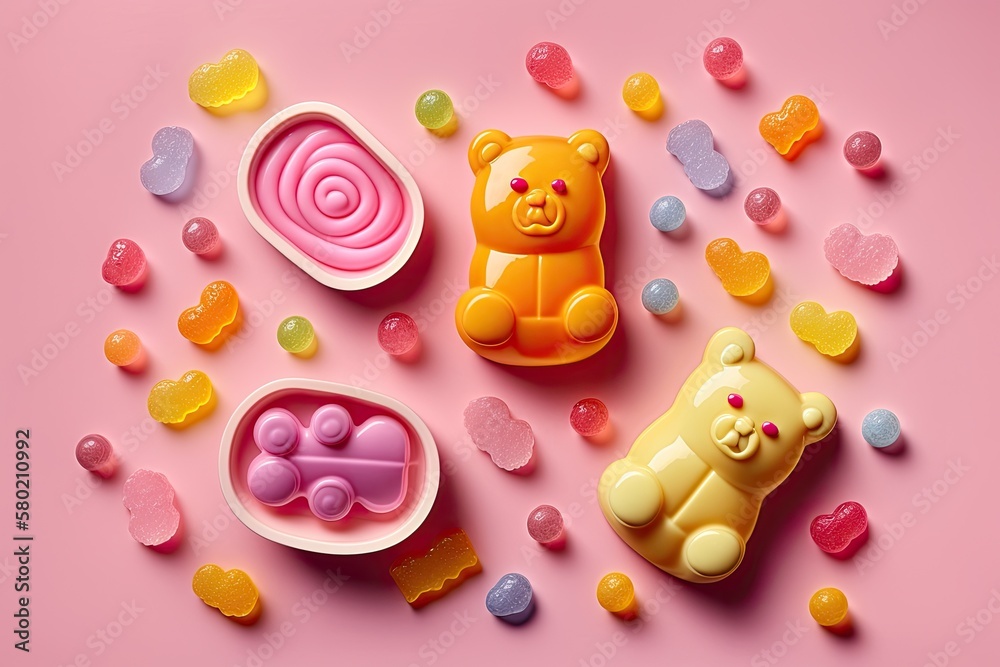 Sticker Delicious jelly bears in a flat lay composition on a pink backdrop. Generative AI