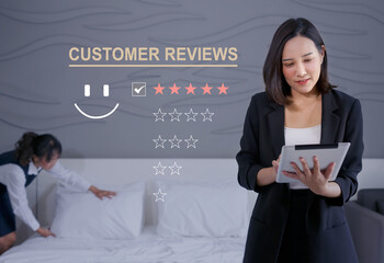 Customer review satisfaction feedback survey concept, User give rating to service experience on...