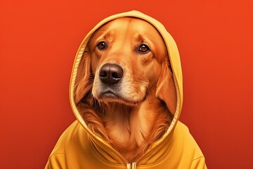 Dog in a red hooded sweatshirt. A dressed up golden retriever sits on a yellow background. Generative AI