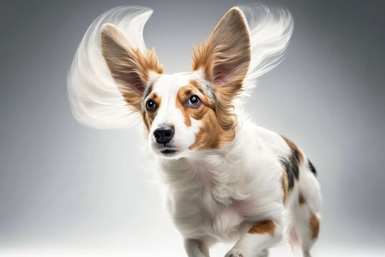 Beautiful mixed breed dog with flying ears turns his head toward white studio. Generative AI