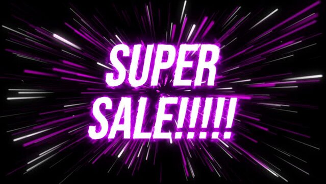 Super sale video with pink neon light on black background