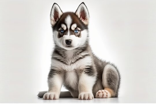 Isolated white backdrop image of a cute little Siberian husky puppy. Generative AI