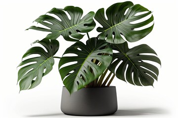 Obraz na płótnie Canvas Monstera in a container, close up of tropical foliage, or houseplant growing indoors for ornamental purposes, isolated on white. Generative AI