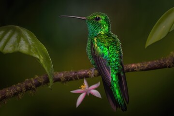 Fototapeta premium The Green crowned Brilliant, Heliodoxa jacula, is shown against a green background in a very detailed picture from Costa Rica. A tropical forest animal. South American hummingbird with a lot of shine