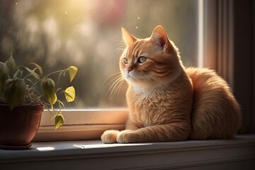 A cute red tabby cat relaxes at home on the windowsill with the window open. It looks out into the garden and enjoys the warm sun and fresh air. Cute little pet. Generative AI