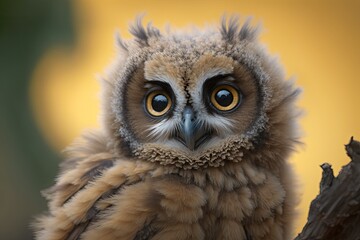 Obraz premium Macro picture of an owl, high resolution picture of an owl cub. The bureaucratic owl is also known as the field buckthorn, field owl, owl owl, buck owl, owl owl, guede, urucura, urucurian, and urucuri