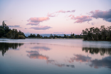 Vasona Lake Sunset with Reflection and Snow Mountain, Los Gatos California