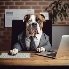 A dog wearing a suit and tie, sitting at a desk with a laptop, illustration - Generative AI