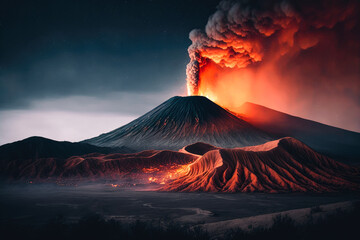 The active volcano Mount Bromo in Indonesia, with the fiery orange hues of the volcano contrasting with the dark sky, illustration - Generative AI