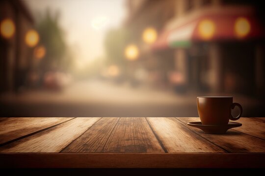 An empty wooden table in front of a hazy, abstract coffee shop backdrop. can be incorporated into a collage or presentation of your products. Prototype used in advertising. Generative AI