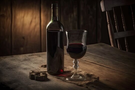A red wine glass and bottle sit atop a worn wooden table. Generative AI