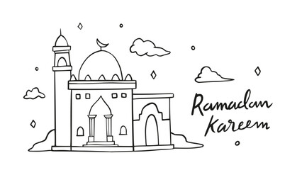 Ramadan Kareem kids doodle illustration with arabian mosque architecture background