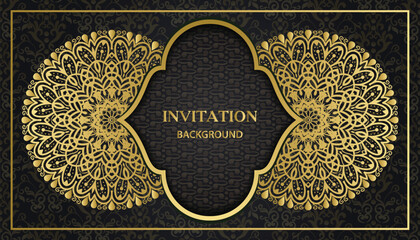 Arabesque style decorative golden mandala background. Ornamental floral loyal frame, greeting and invitation card.Decoration, Decorative, Ornament, Ornamental, India, Indian, invitation, Wedding,