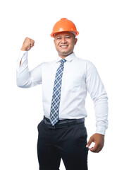 Young engineer or architect clenching his fists in a very happy gesture and smiling happy transparent background,png file.