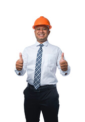 Young engineer or architect smiling happy thumbs up transparent background,png file.