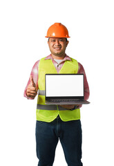 Portrait of a handsome chief engineer wearing a hard hat. Wearing a reflective tiger holding a laptop. transparent background,png file.