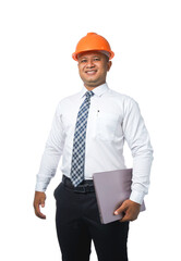 Young engineer or architect standing with clipboard and fist gesturing very happy and smiling happy transparent background,png file.