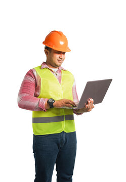 Portrait of a handsome chief engineer wearing a hard hat. Wearing a reflective tiger holding a laptop. transparent background,png file.