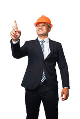 Young engineer or architect standing pointing up smiling happy transparent background,png file.