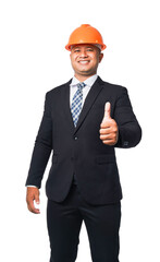 Portrait of a handsome chief engineer wearing a black suit and hard hat standing with a thumbs up. transparent background,png file.