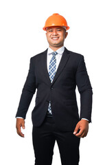 Portrait of a handsome chief engineer wearing a black suit and hard hat standing smiling happily. transparent background,png file.