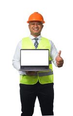 Portrait of a handsome chief engineer wearing a hard hat. Wearing a reflective tiger holding a laptop. transparent background,png file.