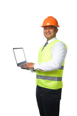 Portrait of a handsome chief engineer wearing a hard hat. Wearing a reflective tiger holding a laptop. transparent background,png file.