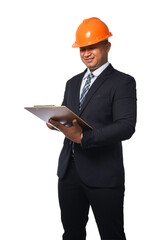 Portrait of a handsome chief engineer wearing a black suit and orange helmet holding a laptop transparent background,png file.