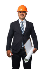 Portrait of a handsome chief engineer wearing a black suit and orange helmet holding a laptop transparent background,png file.