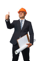 Portrait of a handsome chief engineer wearing a black suit and orange helmet holding a laptop transparent background,png file.
