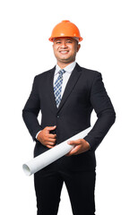 Portrait of a handsome chief engineer wearing a black suit and orange helmet holding a laptop transparent background,png file.