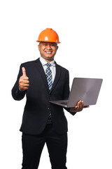 Portrait of a handsome chief engineer wearing a black suit and orange helmet holding a laptop transparent background,png file.