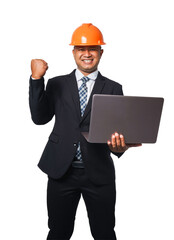 Portrait of a handsome chief engineer wearing a black suit and orange helmet holding a laptop transparent background,png file.