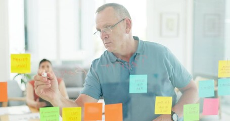 Senior leadership, planning workshop and postit notes on glass wall for creative strategy, project schedule and information presentation. Sticky note, web ceo writing advertising and marketing plan