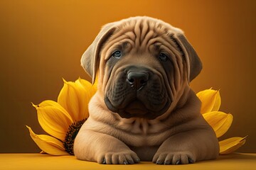 Cute Shar pei puppy sitting on its side. Cute droopy eyes that are turned toward the camera. On a background of sunflower yellow. Generative AI