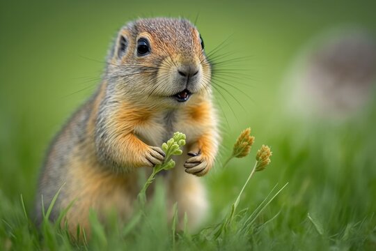 Spermophilus citellus, a European Ground Squirrel, fights with a carrot while sitting in green grass in Germany in the summer. This is a close up picture of an animal. Scene of wildlife in the wild