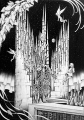 石板に描かれた天使が集う天国の古城、クラッキング加工・鉛筆画