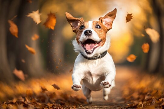 Dog breed Jack Russell Terrier having fun in a park in the fall. Generative AI