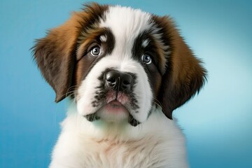 A picture of a Saint Bernard puppy dog looking at the camera, with its tongue out, on a blue background. Generative AI