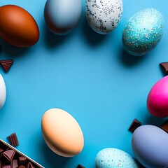 Easter eggs and chocolate, copyspace in the middle