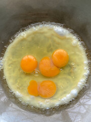 Fried eggs in a hot pan looks appetizing It's a simple breakfast. with high nutritional components such as protein or fat Egg yolks contain cholesterol and egg whites contain muscle-building protein.