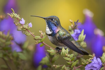 Fototapeta na wymiar The hummer in the wild. Selective Keep your eyes out for a white vented violetear (Colibri serrirostris) as it hovers above the purple blossoms of woodland sage to sip the nectar. Generative AI