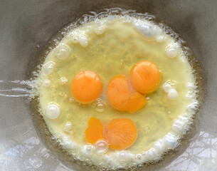 Fried eggs in a hot pan looks appetizing It's a simple breakfast. with high nutritional components such as protein or fat Egg yolks contain cholesterol and egg whites contain muscle-building protein.