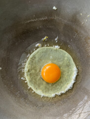 Fried eggs in a hot pan looks appetizing It's a simple breakfast. with high nutritional components such as protein or fat Egg yolks contain cholesterol and egg whites contain muscle-building protein.