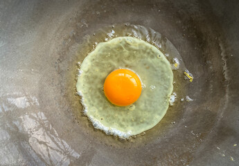 Fried eggs in a hot pan looks appetizing It's a simple breakfast. with high nutritional components such as protein or fat Egg yolks contain cholesterol and egg whites contain muscle-building protein.